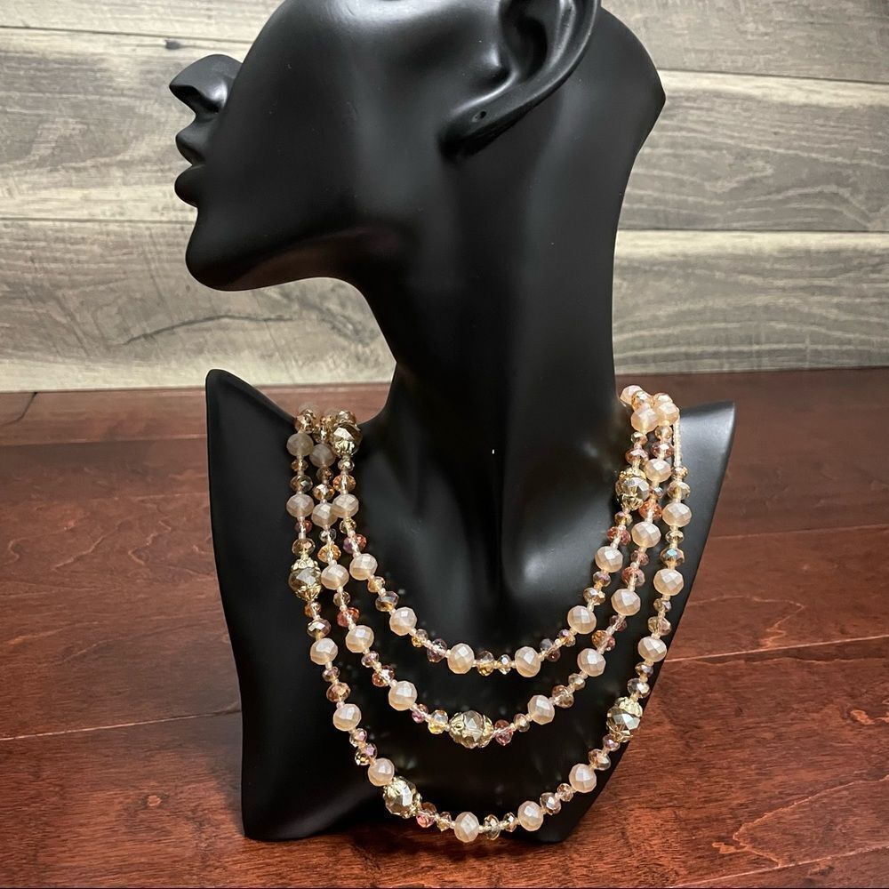 Crystal Cream Light Brown & Clear Mid Century Modern Style Multi Strand Necklace